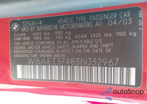 2003 BMW 325I from USA, damaged, VIN WBAET37483NJ32967